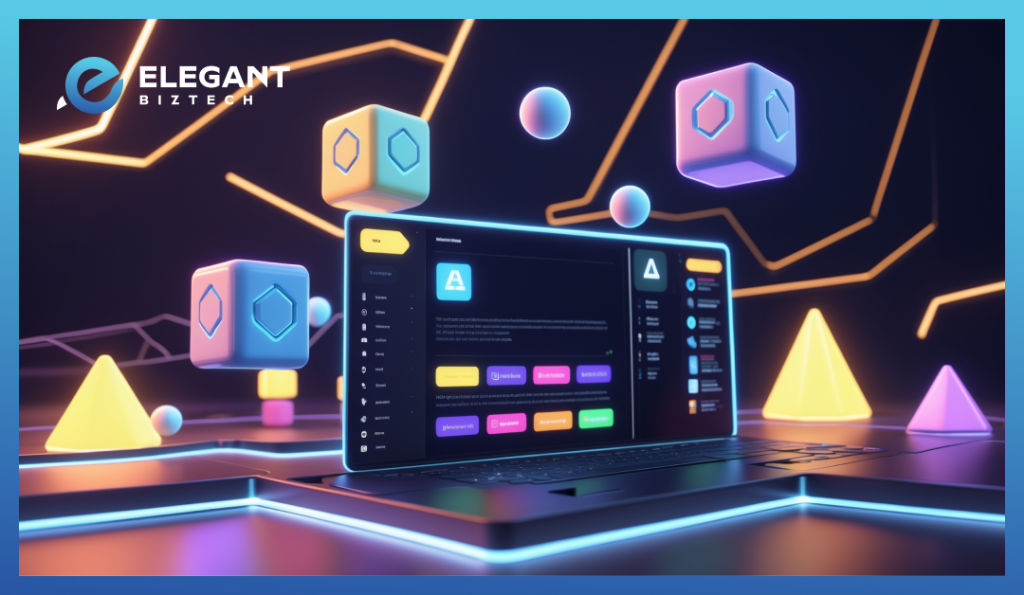 A creative 3D representation of React components connecting like building blocks to form a web interface