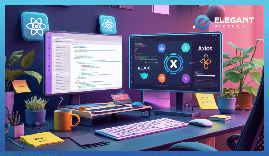 A developer’s workspace showcasing React Native code and the ecosystem of third-party tools like Redux and Axios
