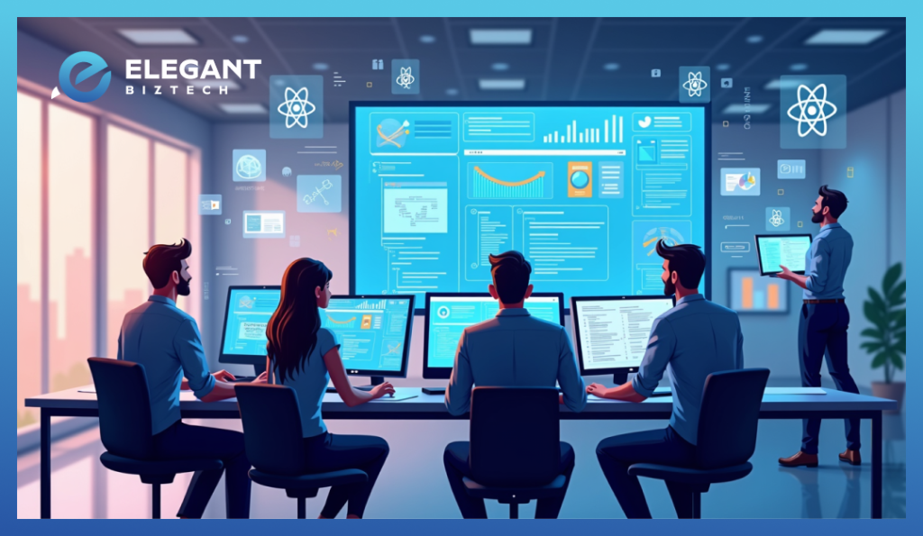 A business team collaborating on a React-based project with fast and efficient results