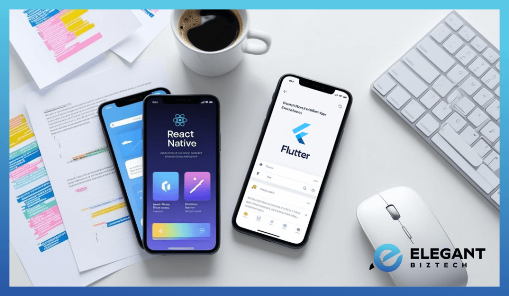 Two mobile phones side-by-side, one labeled React Native (with native-like features) and the other Flutter (with a unique, consistent UI).