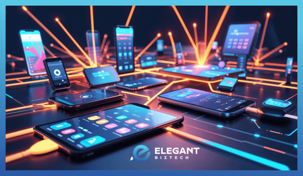 A futuristic visual of cross-platform app development with React Native and Flutter powering multiple devices
