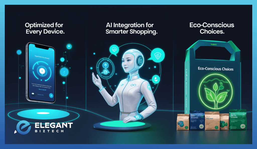 E-commerce store showcasing trends like mobile optimization, AI integration, and green practices
