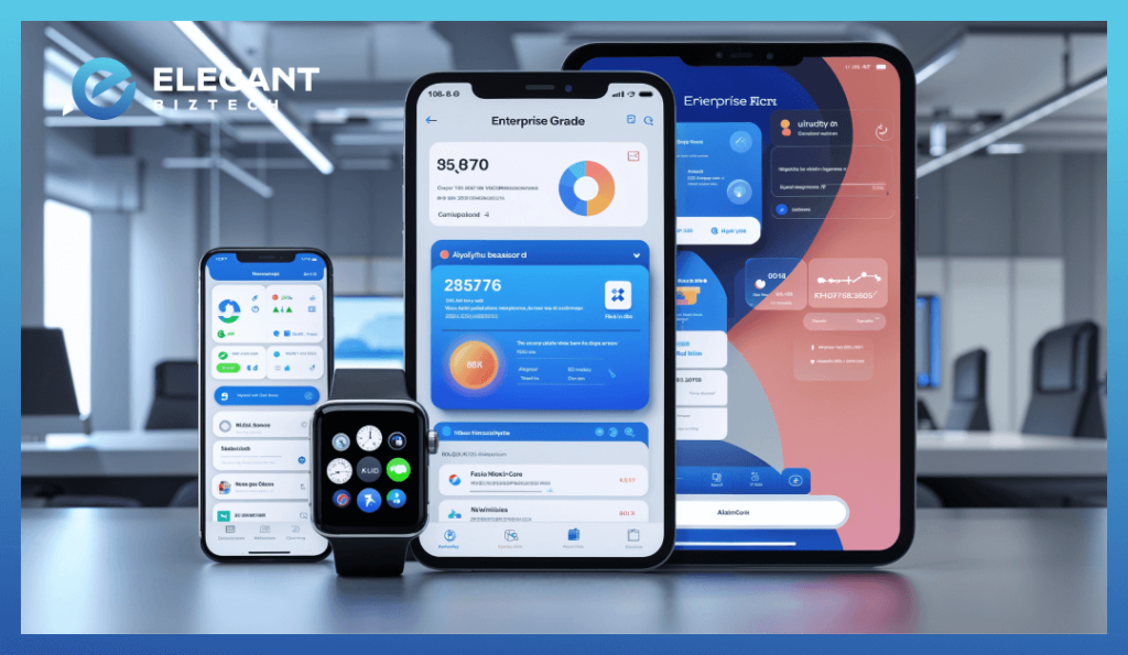 An enterprise-focused iOS app running on multiple Apple devices (iPhone, iPad, Apple Watch), representing business-oriented app solutions