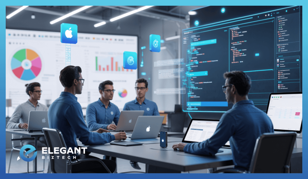 An iOS development team analyzing project requirements and working on an Apple-based tech stack