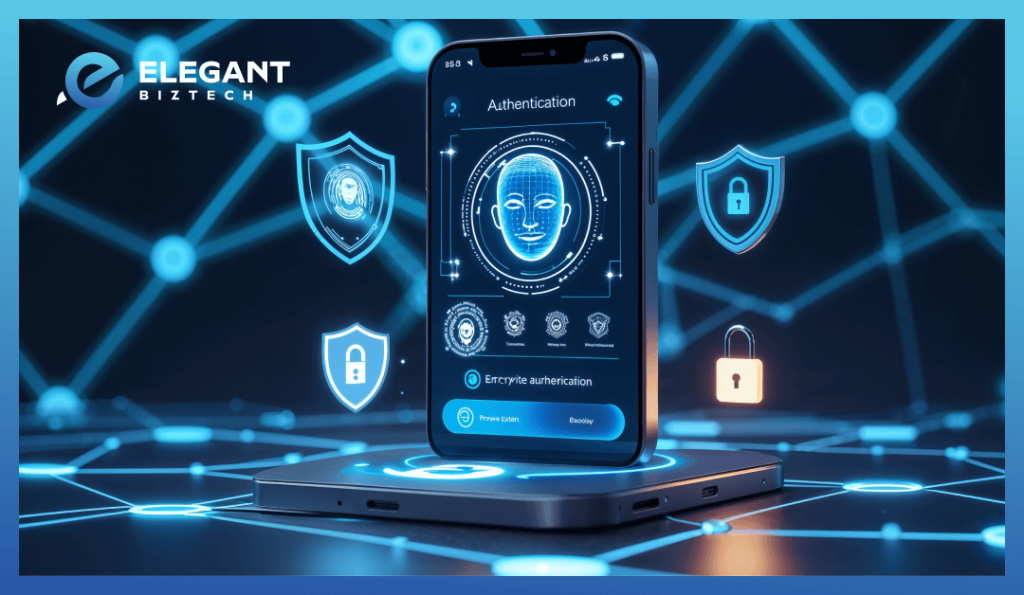 A secure enterprise app with encryption icons, Face ID, and authentication elements