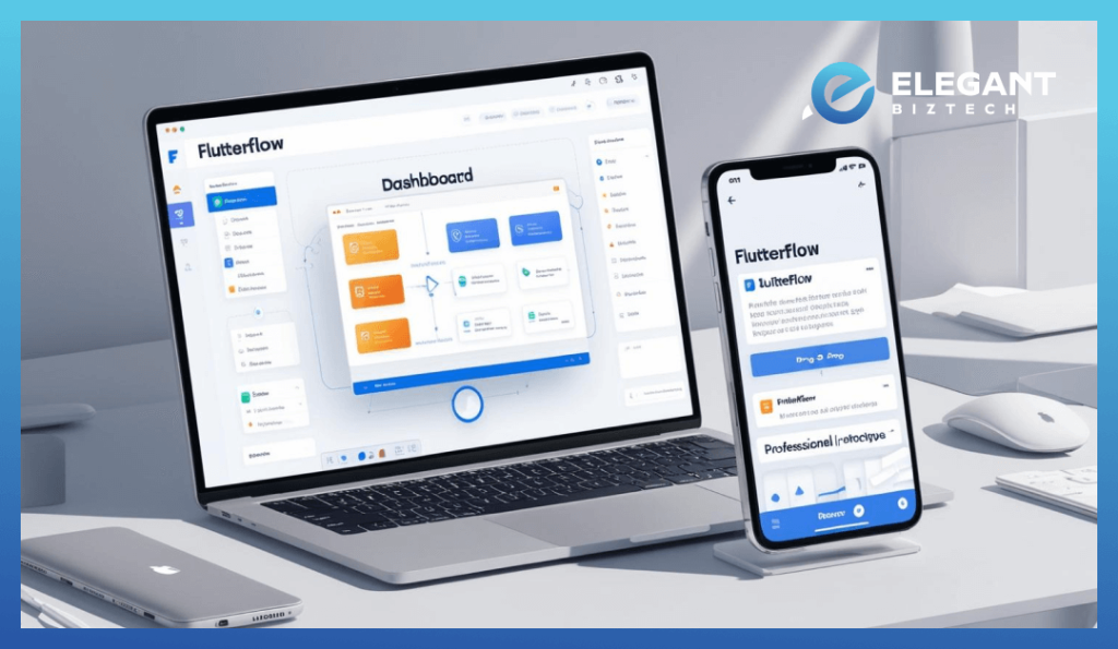 Dashboard-style image of Flutterflow’s drag-and-drop interface with an app preview on a mobile screen