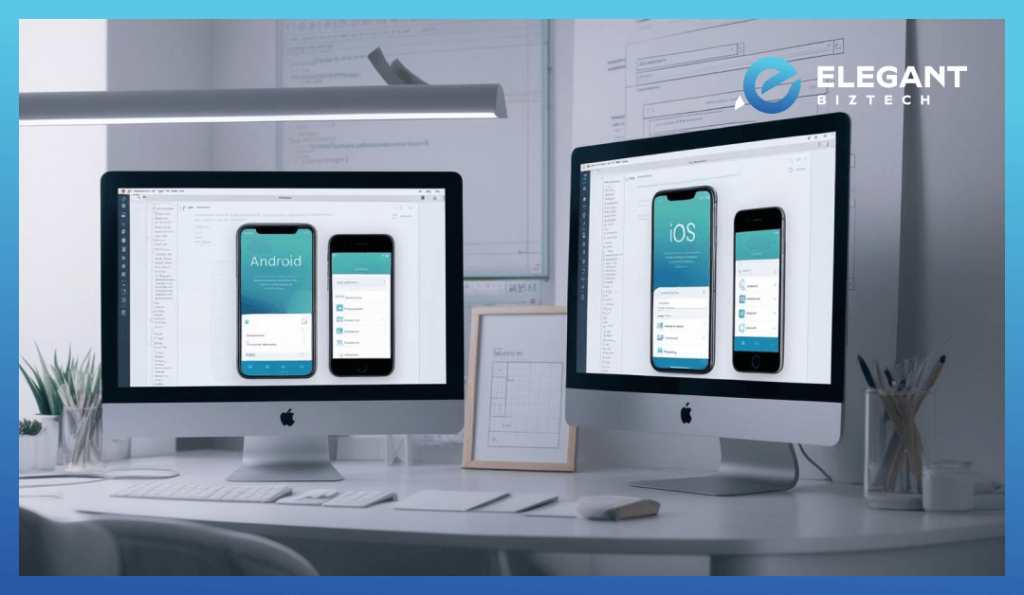 A comparison visual showing a single app design running seamlessly on both Android and iOS